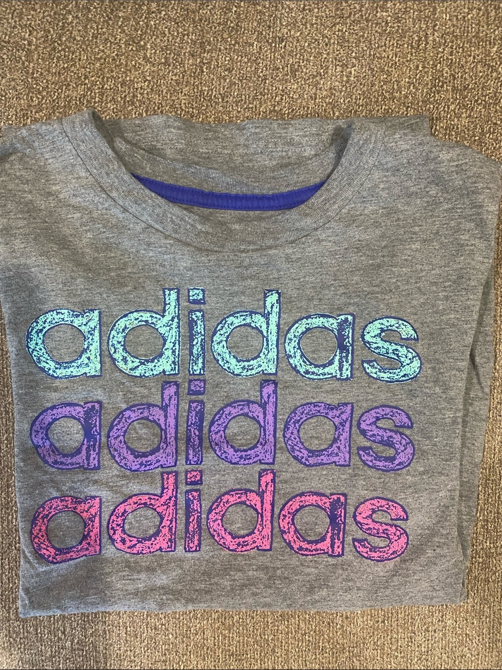 adidas Gray Short-Sleeve Tee with Blue, Purple & Pink Logos